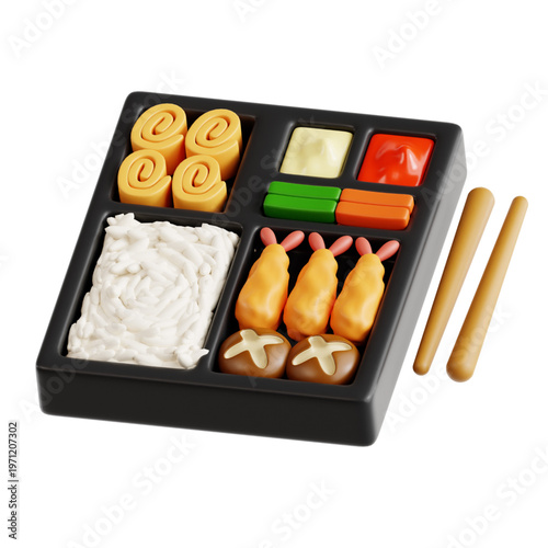 Delicious Japanese Bento Box with Sushi, Shrimp Tempura, and Rice - A Culinary Art