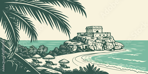 A boho-chic vector silhouette of Tulum. Features the jagged Mayan ruins overlooking the sea, beachfront palapas, and tropical palm fronds.