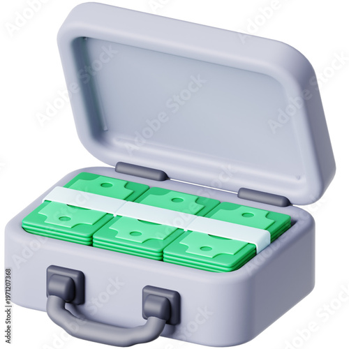 Open briefcase filled with stacks of cash, representing wealth, finance, and financial success