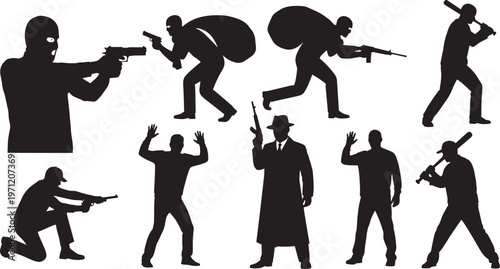 Vibrant Vector Silhouettes of Criminals, Robbers, and Gangsters Engaged in Various Illegal Activities with Firearms and Stolen Goods, Ideal for Crime-Related Themes