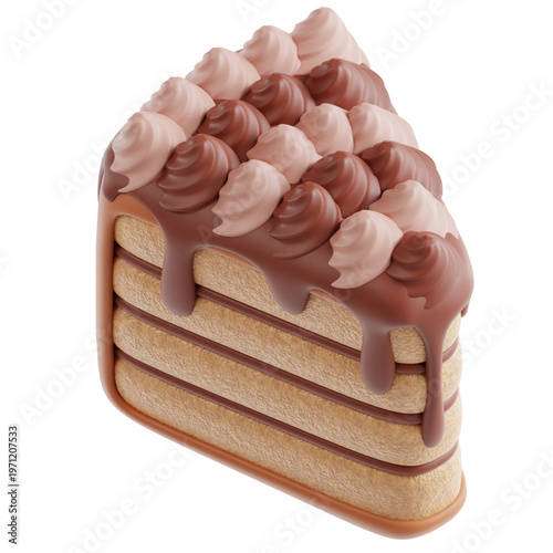 A delicious slice of chocolate cake with creamy frosting and rich chocolate drizzle, presented in a 3D rendered style