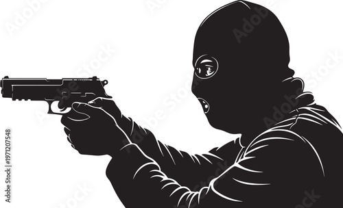 Stark monochrome vector illustration depicting a masked individual aiming a firearm, conveying a potent symbol of danger, criminal activity, and serious security threats