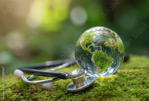 Clear glass globe of the earth resting on moss with stethoscope, emphasizing environmental health and global sustainability themes