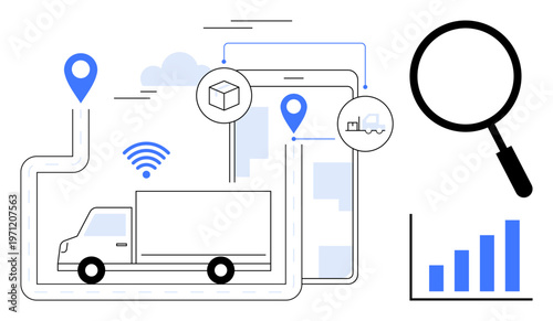 Logistics tracking. Logistics with GPS-based navigation for tracking delivery and shipment. Logistics efficiency using data analytics and wireless technology. For delivery, supply chain, operations