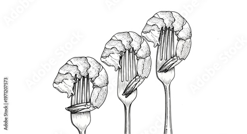 Elegant shrimp skewers a black and white illustration of culinary delights on silver forks