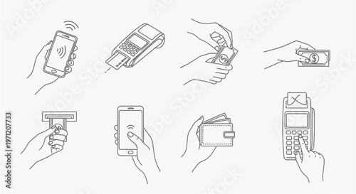 Various line art illustrations depicting modern contactless and traditional payment methods with hands