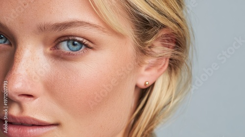 Close-animated movie portrait of a woman with blonde hair and blue eyes, showcasing clear skin and natural makeup, against a neutral background