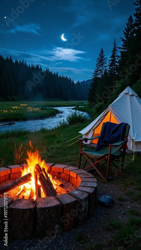 Serene Moonlit Campfire Scene in a Forest Meadow