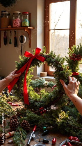 Crafting Festive Holiday Wreath in Sunlit Workshop