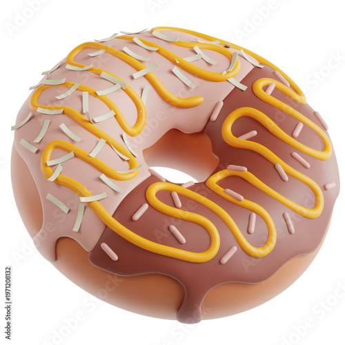 A delicious 3D rendered donut with light pink and chocolate icing, adorned with yellow sprinkles and drizzled toppings