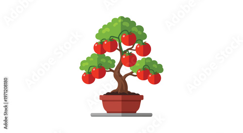 Flat Vector Illustration of a Creative Tomato Bonsai Tree in a Pot