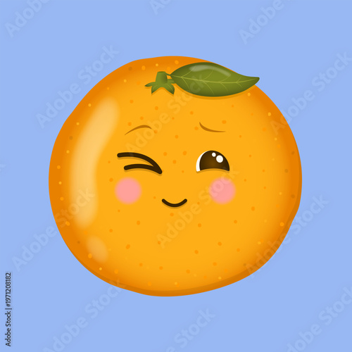 Cute mandarin orange character winking kawaii citrus emotion face icon