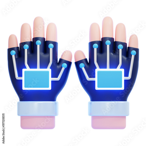 Futuristic VR gloves with glowing blue circuits, symbolizing immersive virtual reality technology and advanced gaming experiences