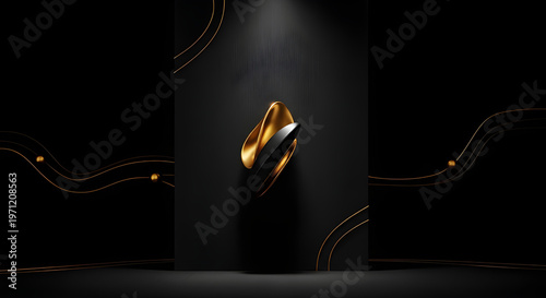 Luxury Black Gold Abstract Background with Elegant 3D Metallic Shape and Light Lines