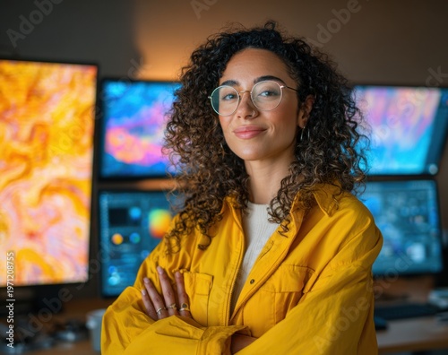 Confident young woman with curly hair wearing yellow jacket and glasses in a creative workspace with multiple computer monitors displaying colorful abstract graphics
