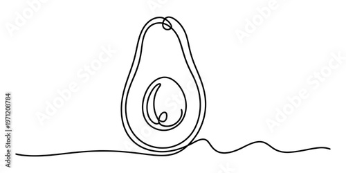 Minimalist continuous single line drawing of a fresh halved avocado with a large central seed pit