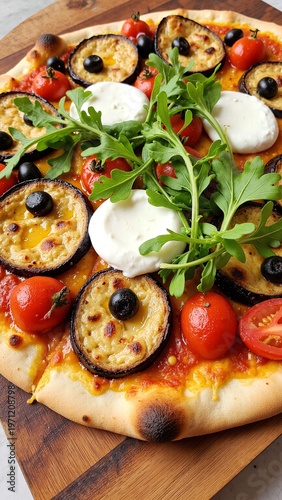Homemade Pizza with Grilled Eggplant, Cherry Tomatoes, Olives, and Fresh Rocket
