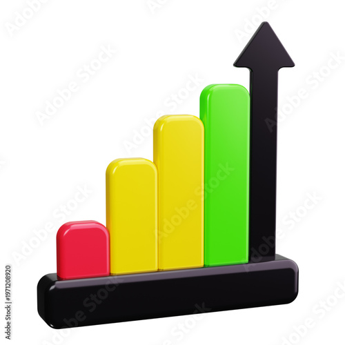 3D bar chart showing upward trend and growth with a black arrow indicating progress and success, perfect for business and finance presentations