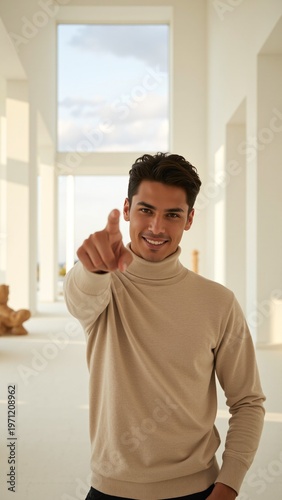 Confident Hispanic Man in Beige Turtleneck Pointing Forward