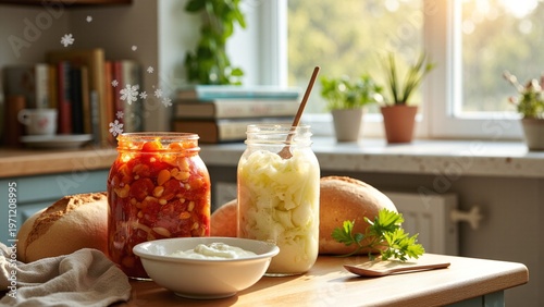Vibrant Fermented Foods Illuminated by Warm Kitchen Sunlight