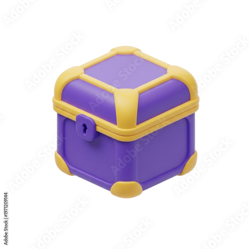 A 3D rendered icon of a closed, square treasure chest with purple and yellow accents, featuring a lock mechanism, on a white background