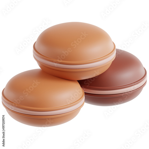 A delightful pile of three chocolate and caramel flavored macarons, presented in a 3D render with a clean white background