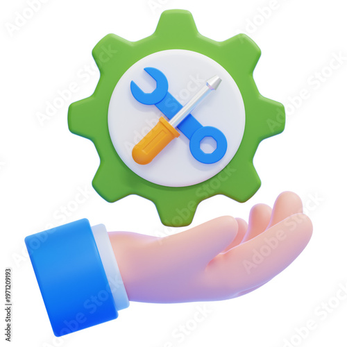 3D Illustration of a Hand Holding a Gear with Tools, Symbolizing Support and Technical Solutions