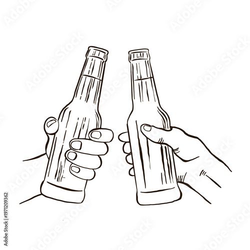 Minimalist Line Art of Hands Holding Beer Bottles on Black Background