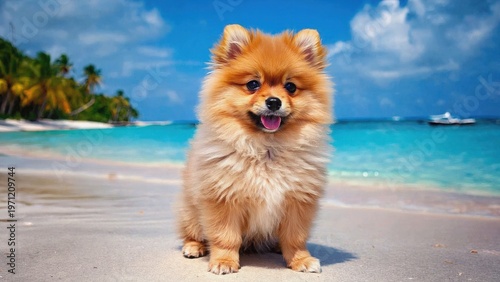 Fluffy Pomeranian puppy sitting on sandy beach with turquoise ocean and palm trees