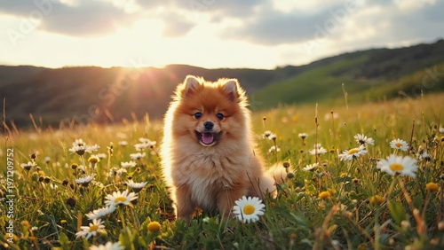Fluffy Pomeranian sitting in daisy meadow during golden hour sunset