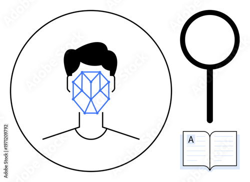Identity verification, facial recognition technology, artificial intelligence, digital security, data analysis, biometrics. Geometric face outline, magnifying glass open book. Identity verification