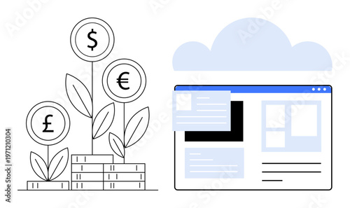 Investment growth, online finance, digital economy, wealth management, financial planning, fintech services. Stacks of coins with plants and currency symbols next to a digital screen. Investment
