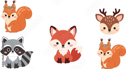 Cute Woodland Animal Characters Vector Set with Fox, Raccoon, Squirrel and Deer Cartoon Illustration Collection for Kids and Nursery Design
