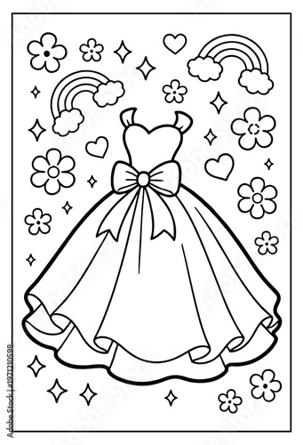A whimsical coloring page featuring a voluminous ballgown with a large ribbon bow, surrounded by a magical array of hearts, flowers, rainbows, and sparkles.