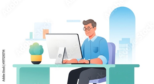 Mature male employee sits at a desk using a desktop computer for professional tasks. He navigates digital platforms to find new career opportunities and employment. Concepts of recruitment, employment