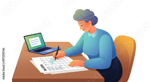 Senior woman marks dates on a vacation schedule document while working at a desk with a laptop. Managing personal time and professional commitments with organized efficiency.