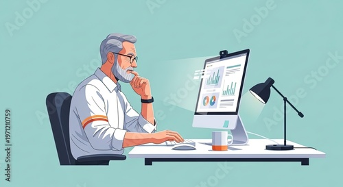Senior businessman analyzing financial charts on a computer screen. Professional male executive conducting a job search from a home office. Concepts of business, finance, and employment.