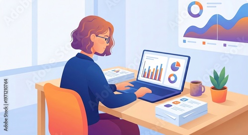 Professional accountant reviewing digital charts and paper reports to optimize business performance. Dedicated analyst managing corporate finances and tracking market trends