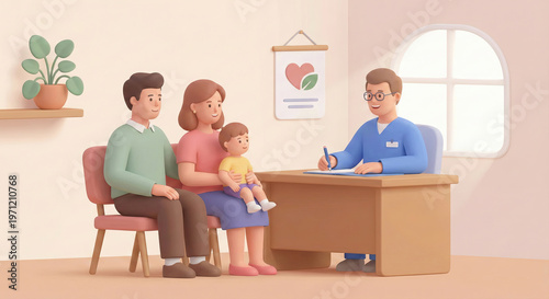 Happy family consults with male doctor in a modern medical clinic