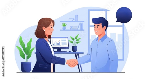 A female recruiter and a male candidate shaking hands after a successful meeting in a corporate setting. The workspace features a computer displaying growth charts and a speech bubble