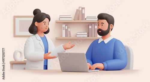 Female doctor consults with male patient regarding health data