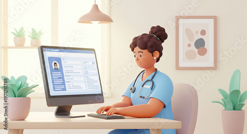 Female doctor typing medical data into electronic health record