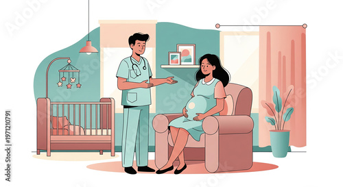 Male doctor consults happy pregnant woman during prenatal visit