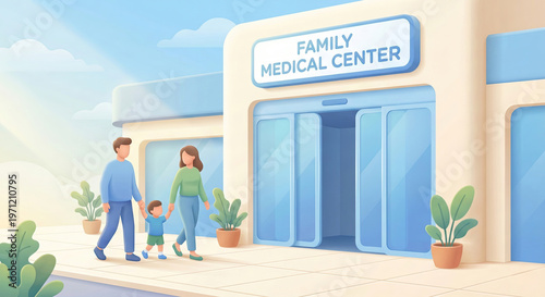 Happy family with child walks to modern family medical center building
