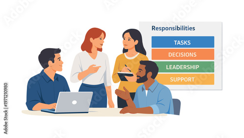 A team aligning structured responsibilities during a collaborative workflow discussion, gathered near a laptop while interacting with a simple