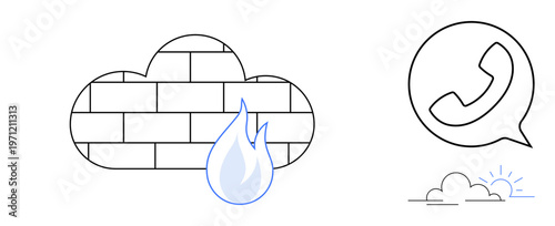Network security, communication systems, cloud computing, digital safety, data protection, remote access. Cloud firewall by a cloud and flame with a phone icon. Network security and communication