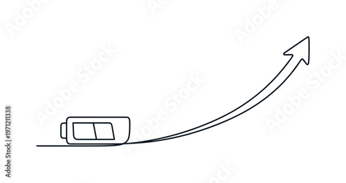 Energy management and maintaining steady personal performance throughout the day, a minimal battery icon smoothly evolving into a rising arrow within