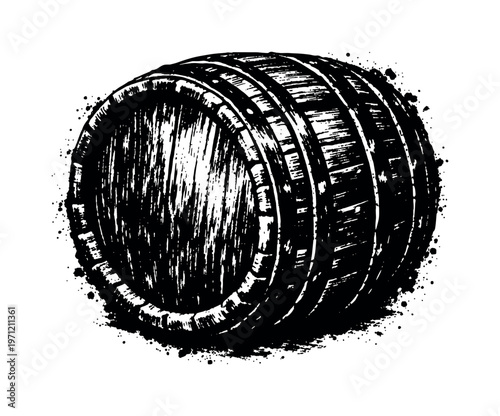 A weathered wooden barrel shown in three-quarter perspective, slightly angled so the circular face and curved staves are both visible, filling most of
