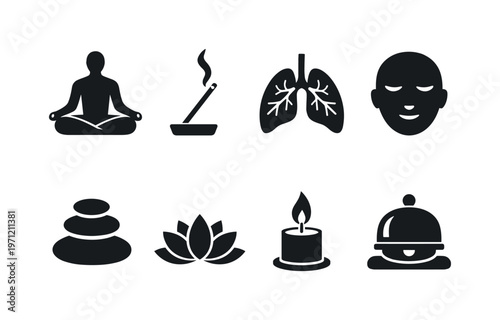 Mindfulness practice: meditation pose, incense stick, breathing lungs, calm face, zen stones, lotus flower, candle flame, mindfulness bell