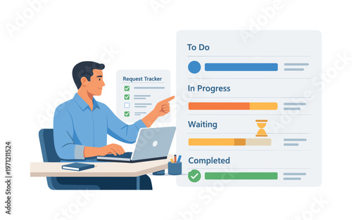 A professional maintaining clear request tracking in a structured routine, seated with a laptop while interacting with a simple status dashboard panel